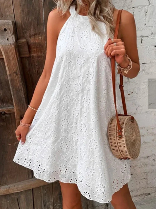 Vestido Ibicenco Blanco de Encaje, Sin Mangas, Casual, Corto y Silueta en A