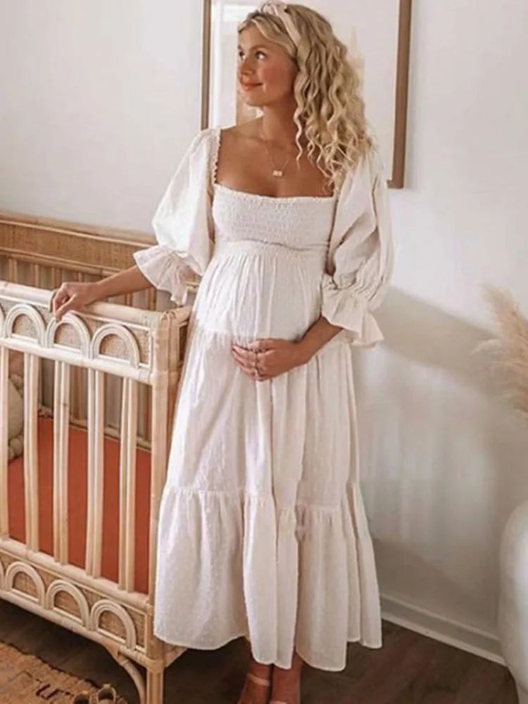 Vestido Ibicenco de Verano  con Cuello Cuadrado, Mangas Abullonadas y Lazo