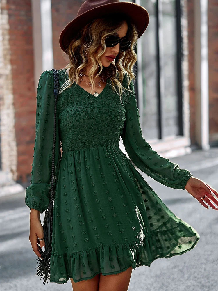 Vestido Ibicenco Boho Casual Mini con Cuello V y Volantes