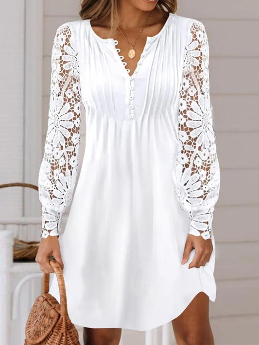 Vestido Ibicenco Blanco de Encaje con Bordado Elegante y Mangas de Farol