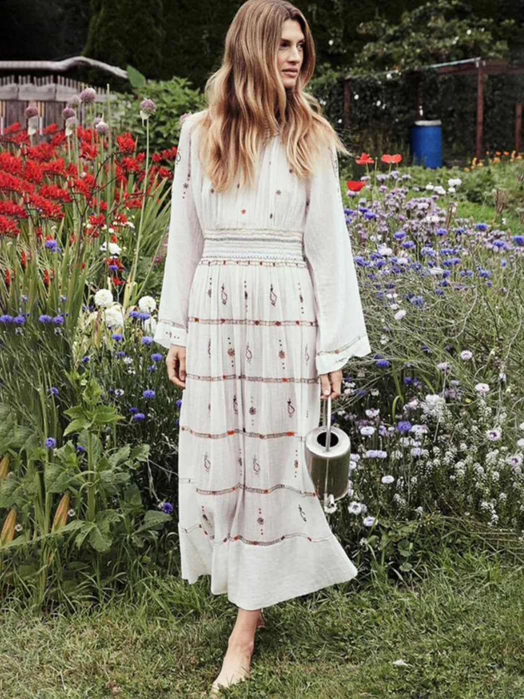 Vestido Ibicenco Vintage con Cintura Elástica y Diseño Boho