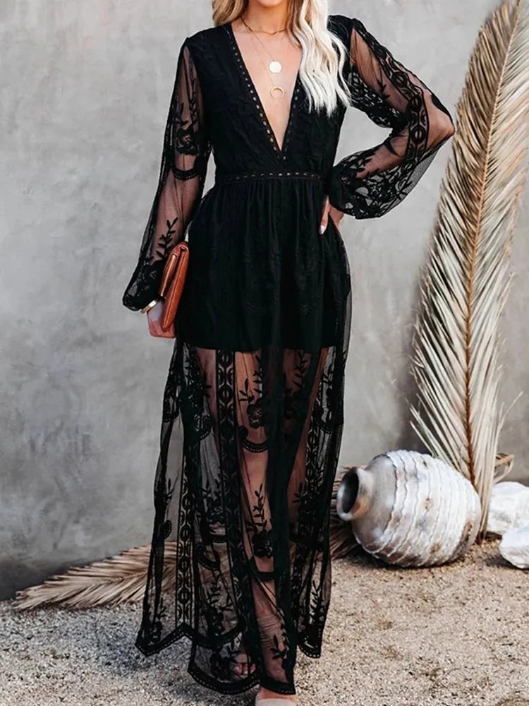 Vestido Ibicenco Bohemio de Encaje Blanco con Bordados y Cuello en V