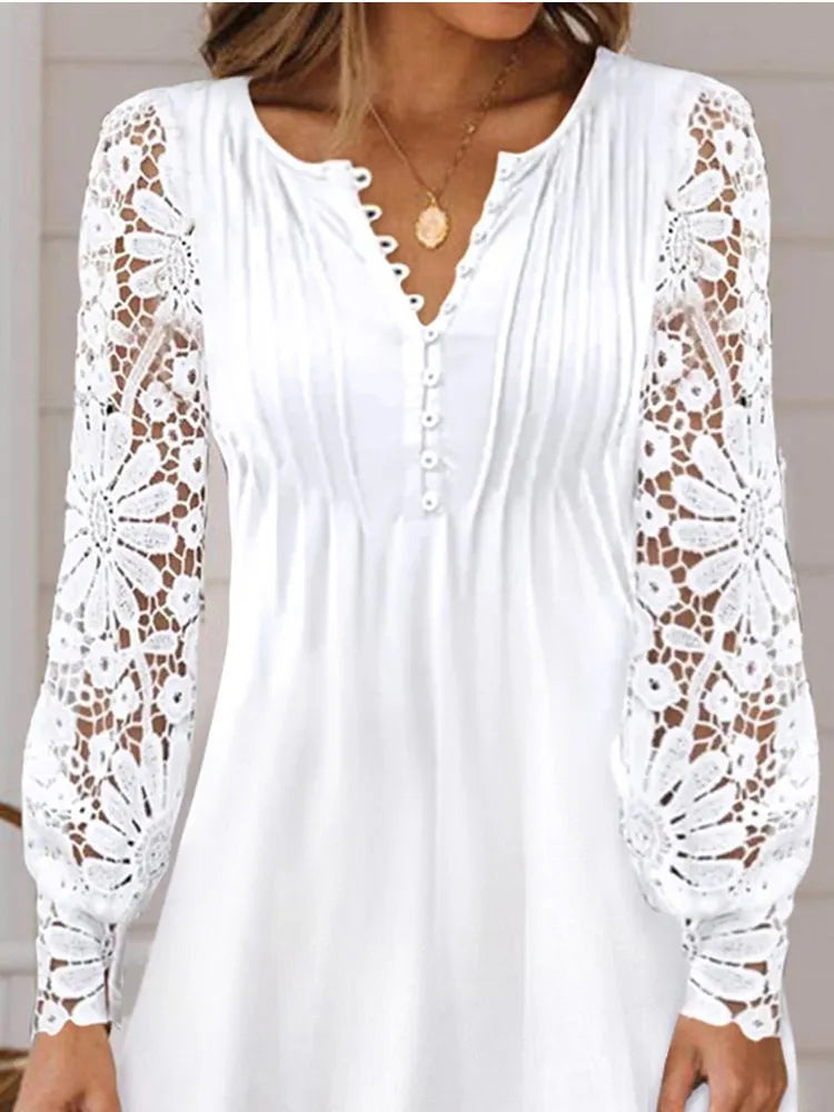 Vestido Ibicenco Blanco de Encaje con Bordado Elegante y Mangas de Farol
