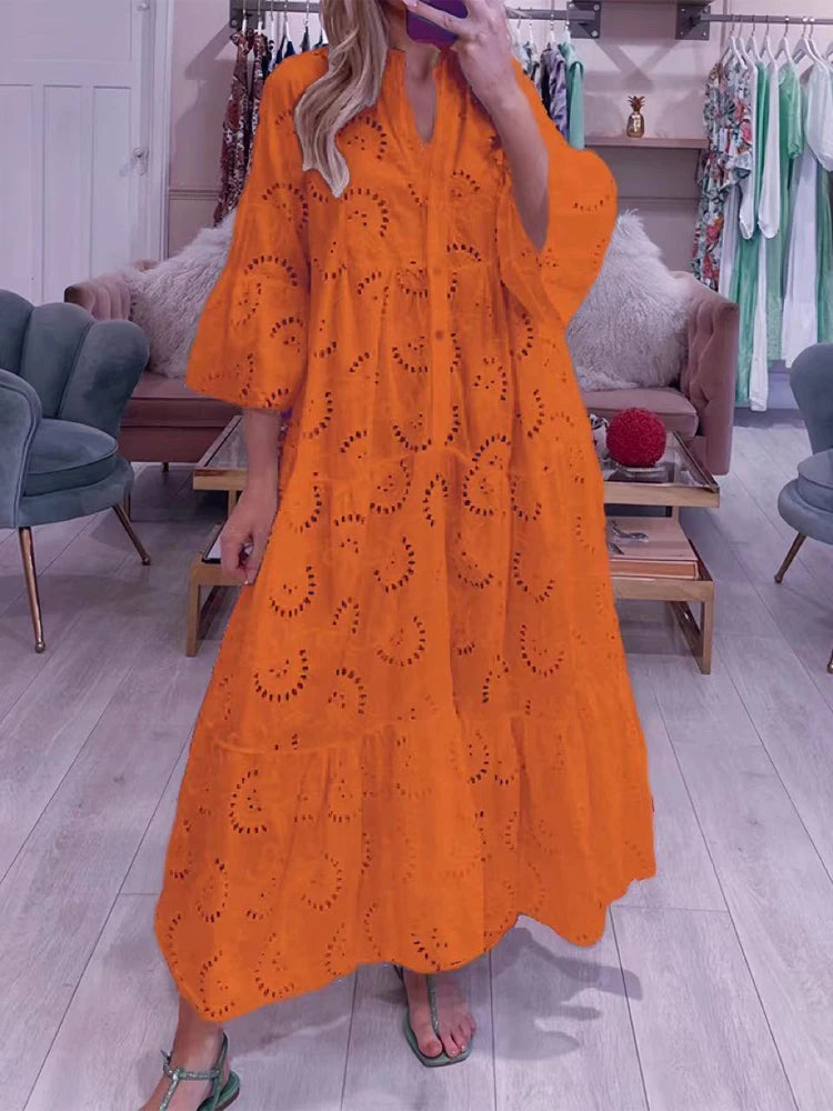 Vestido Ibicenco Blanco Maxi Casual Elegante con Cuello V y Mangas Acampanadas