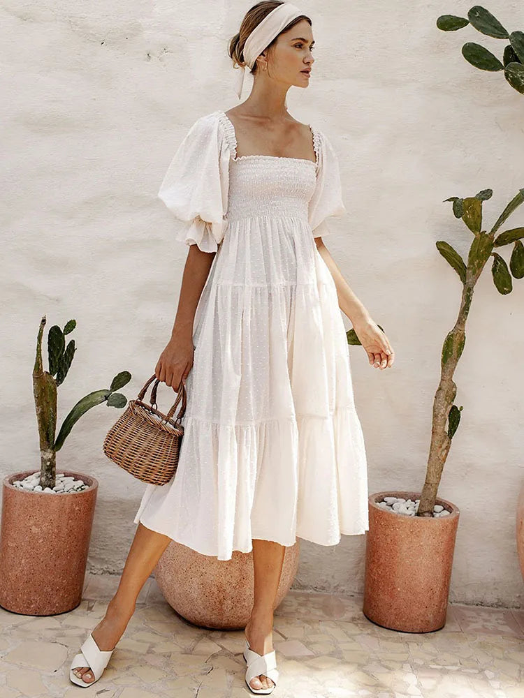 Vestido Ibicenco de Verano  con Cuello Cuadrado, Mangas Abullonadas y Lazo
