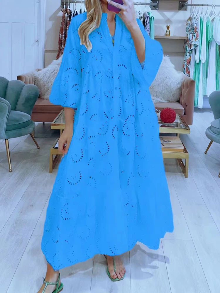 Vestido Ibicenco Blanco Maxi Casual Elegante con Cuello V y Mangas Acampanadas
