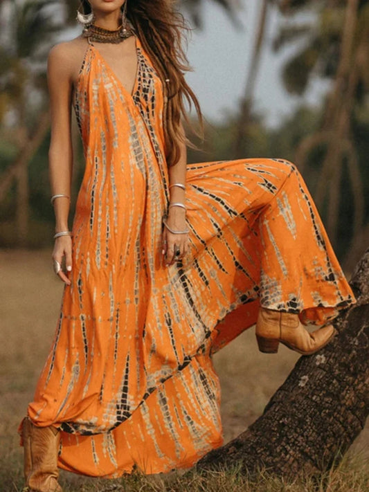 Vestido Ibicenco Boho Halter Sin Espalda y Sin Mangas