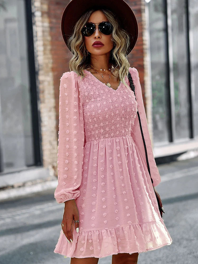 Vestido Ibicenco Boho Casual Mini con Cuello V y Volantes