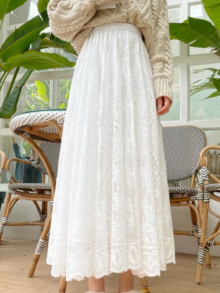 Vestido Ibicenco de Encaje Crochet, Línea A, Corte Suelto y Largo, Estilo Coreano