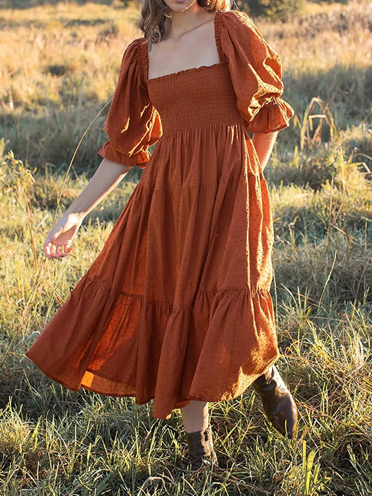 Vestido Ibicenco de Verano  con Cuello Cuadrado, Mangas Abullonadas y Lazo