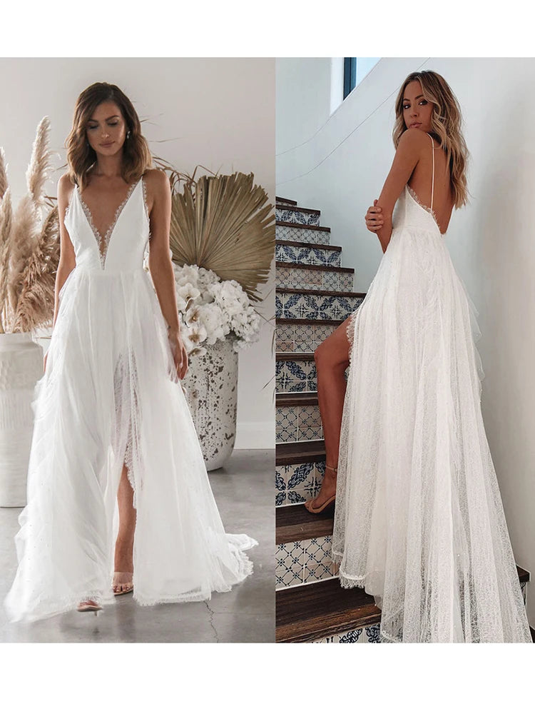 Vestido Ibicenco Largo de Encaje Blanco con Espalda Descubierta