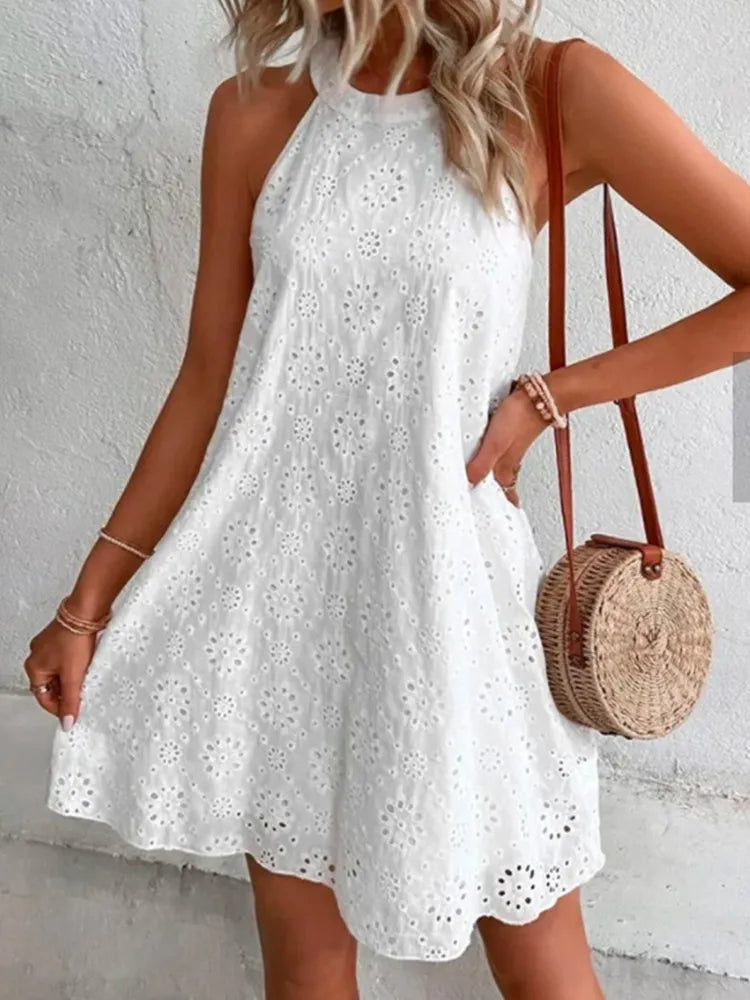 Vestido Ibicenco Blanco de Encaje, Sin Mangas, Casual, Corto y Silueta en A