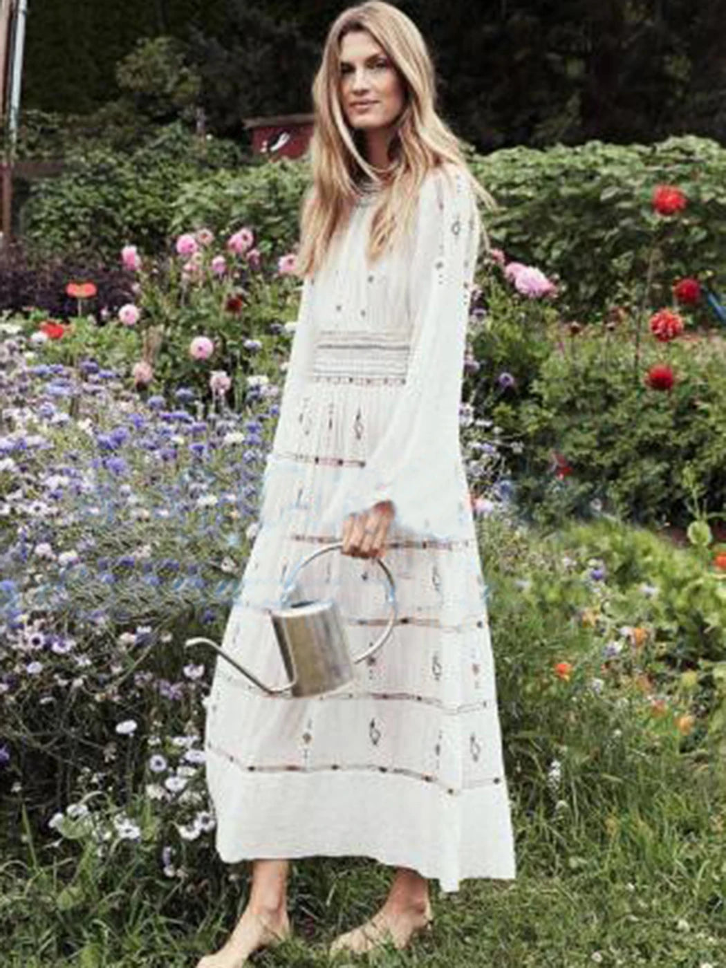 Vestido Ibicenco Vintage con Cintura Elástica y Diseño Boho