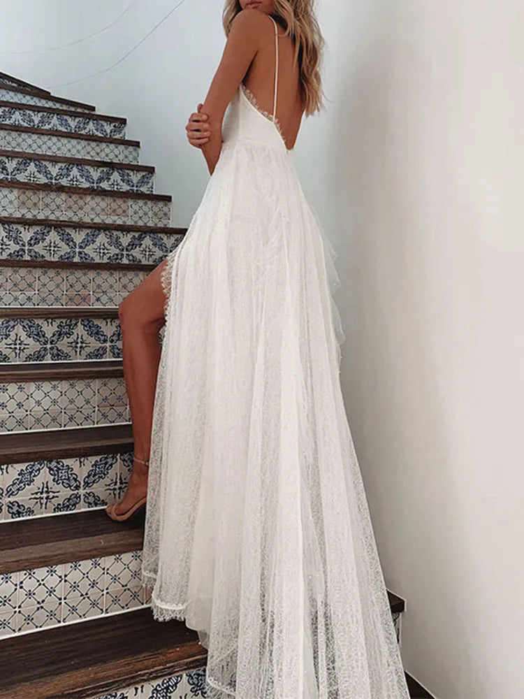 Vestido Ibicenco Largo de Encaje Blanco con Espalda Descubierta