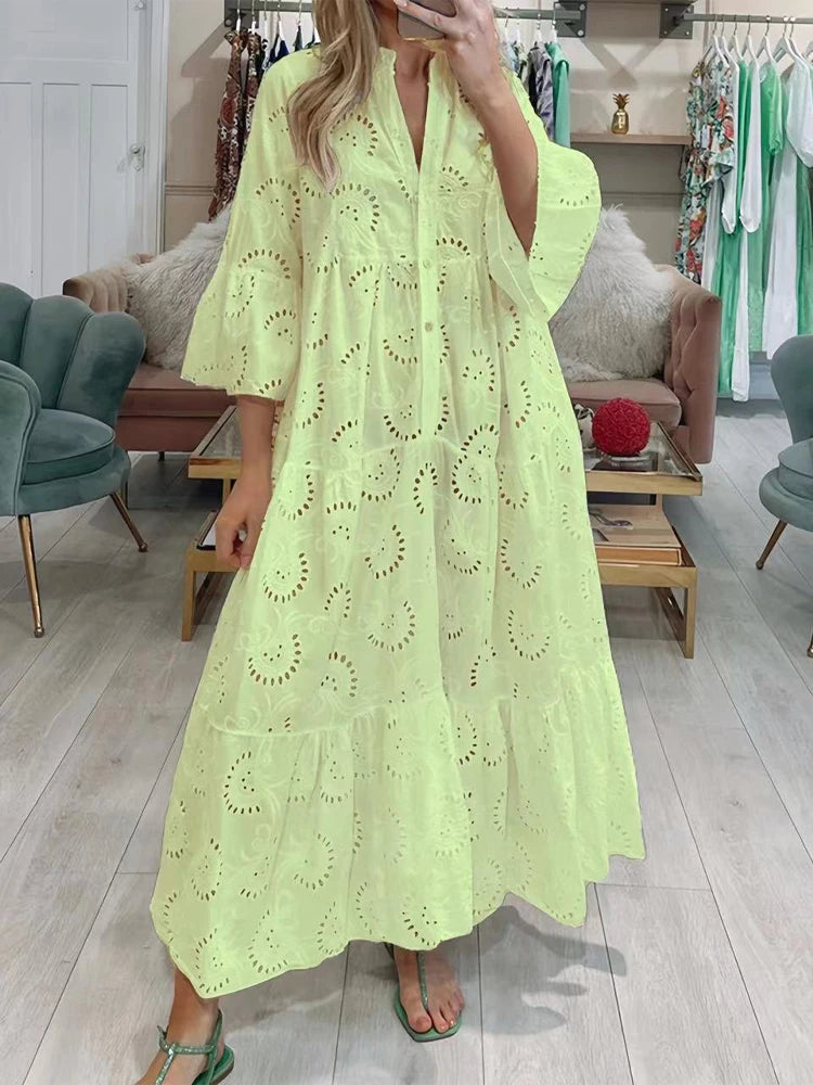 Vestido Ibicenco Blanco Maxi Casual Elegante con Cuello V y Mangas Acampanadas