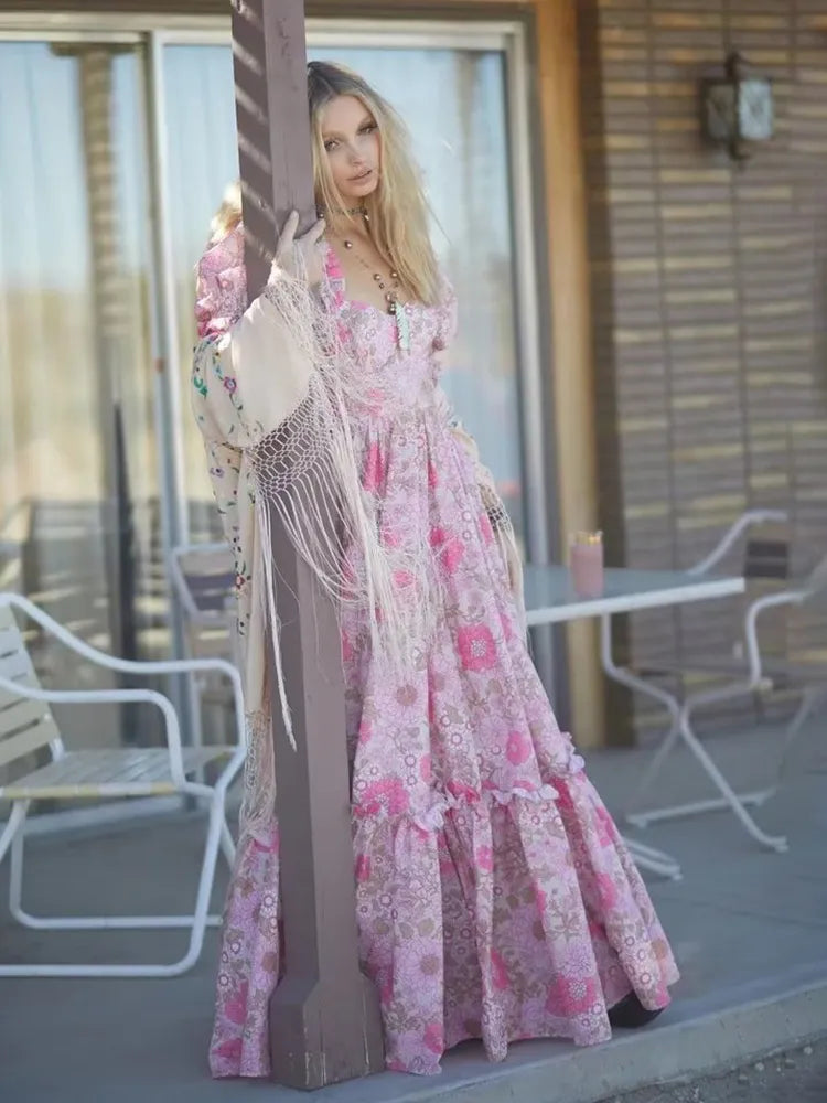 Vestido Ibérico Midi Verano  Boho Moderno con Mangas Abullonadas y Estampado Floral