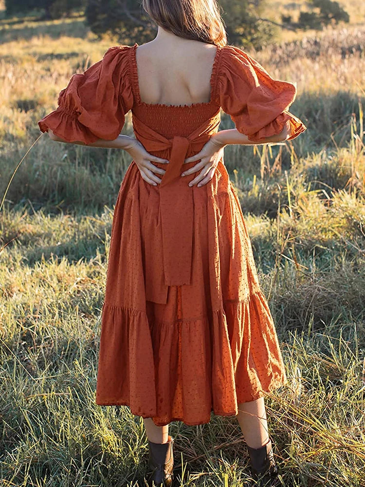 Vestido Ibérico de Verano  con Cuello Cuadrado, Mangas Abullonadas y Lazo