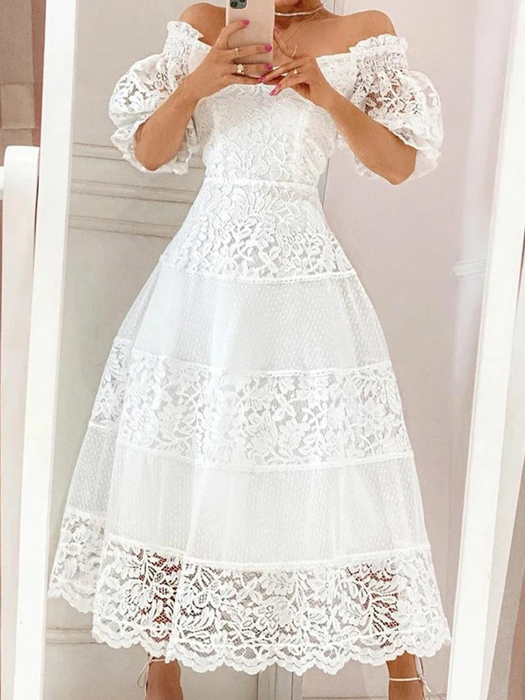 Vestido Ibicenco Largo de Encaje Blanco con Hombros Descubiertos y Bordado Floral