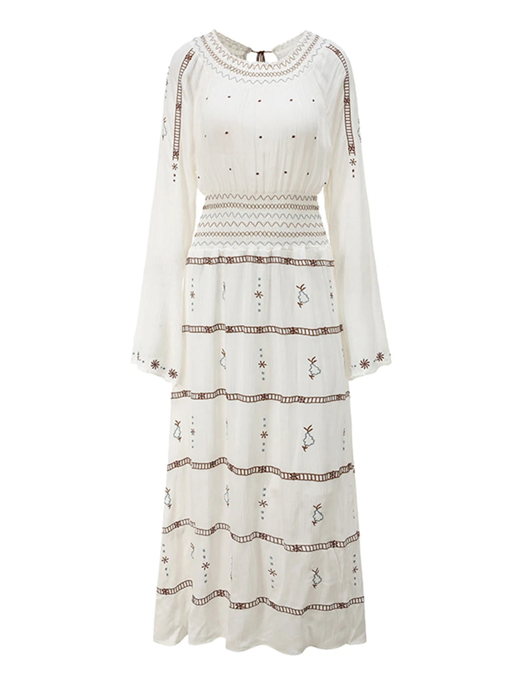 Vestido Ibicenco Vintage con Cintura Elástica y Diseño Boho
