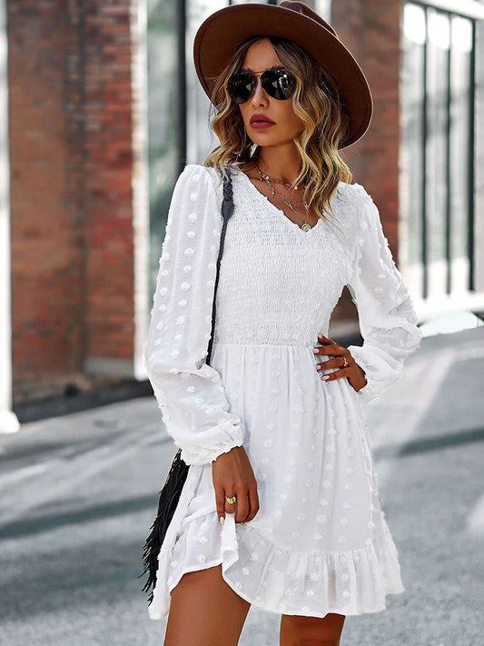 Vestido Ibicenco Boho Casual Mini con Cuello V y Volantes