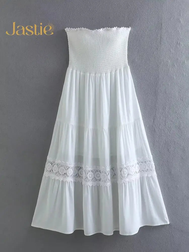 Vestido Ibicenco de Verano Blanco A-Line con Hombro Descubierto y Detalle de Encaje