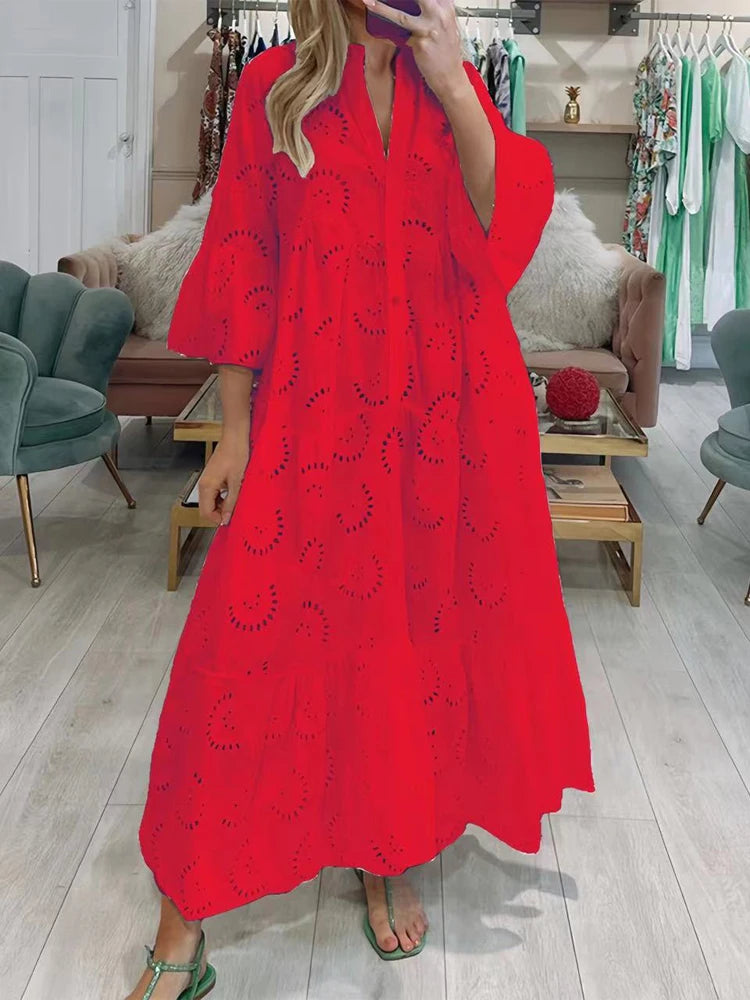 Vestido Ibicenco Blanco Maxi Casual Elegante con Cuello V y Mangas Acampanadas