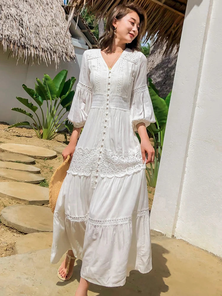 Vestido Ibérico de Verano , Algodón Suave con Encaje, Cuello V y Mangas Farol, Longitud Maxi