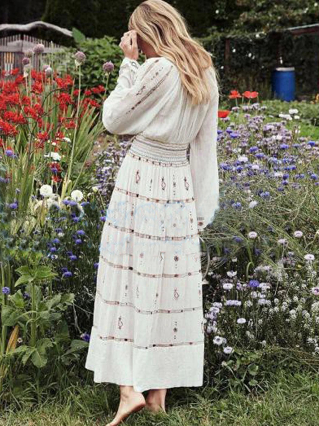 Vestido Ibicenco Vintage con Cintura Elástica y Diseño Boho