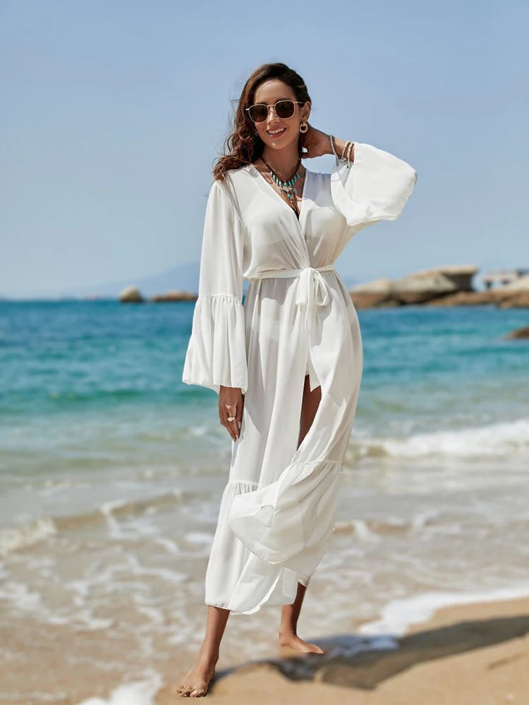 Vestido Ibérico Largo de Gasa para Playa con Mangas Acampanadas y Función Sobrecamisa