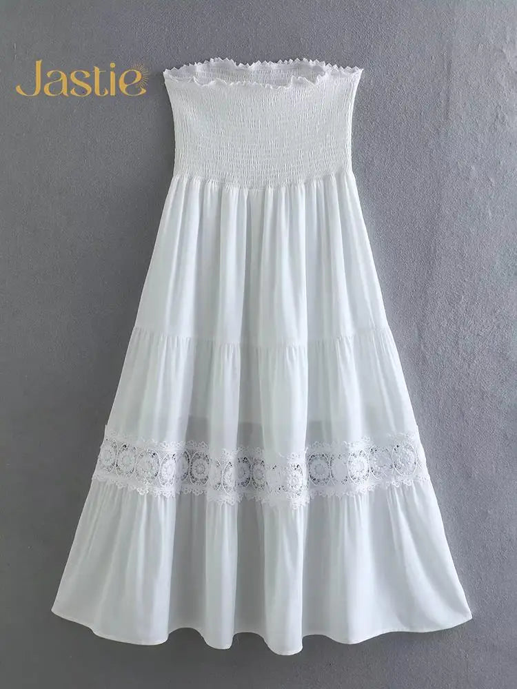Vestido Ibicenco de Verano Blanco A-Line con Hombro Descubierto y Detalle de Encaje