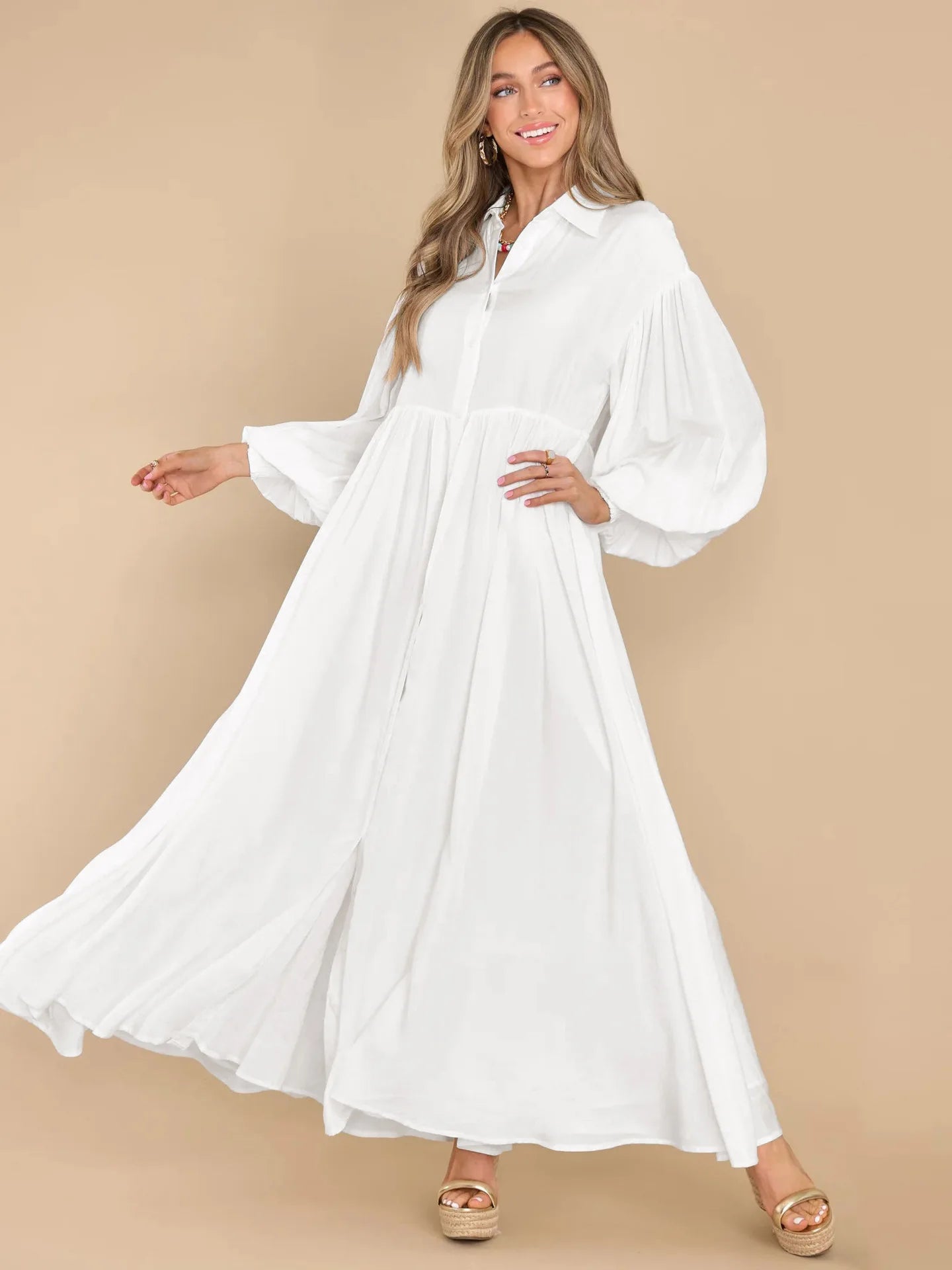 Vestido Ibicenco Blanco Largo Boho Otoñal con Corte en A y Solapa