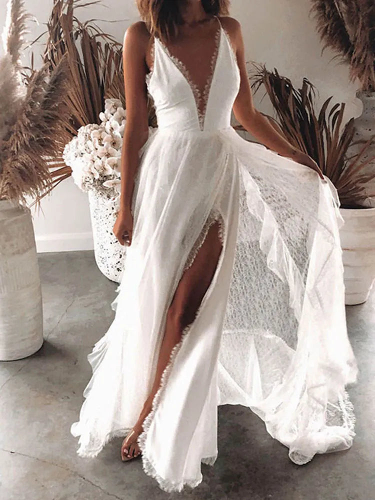 Vestido Ibicenco Largo de Encaje Blanco con Espalda Descubierta