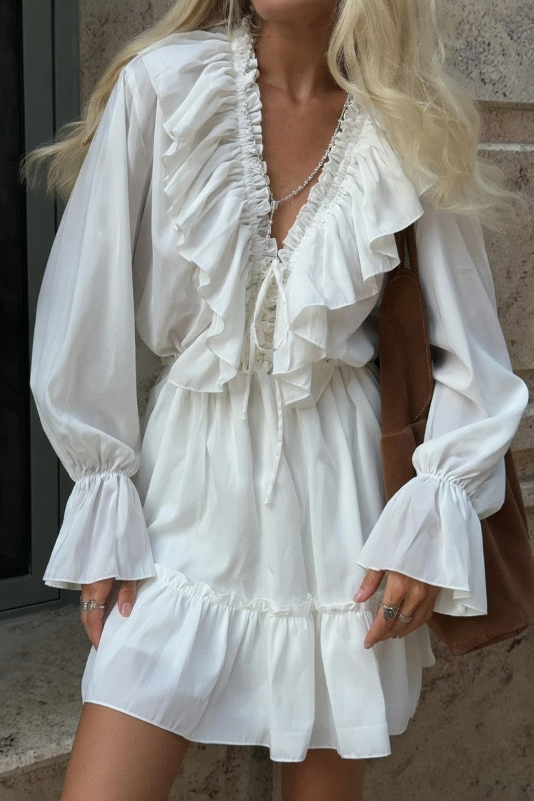 Vestido Corto Ibicenco Boho con Volantes y Manga Acampanada short boho dress