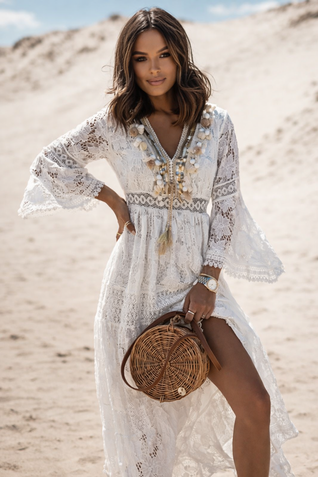 Vestido Ibicenco Boho Chic con Borlas, Encaje y Patchwork white boho dress