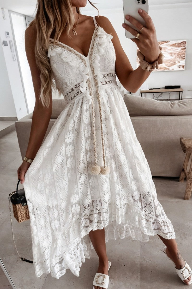Vestido Ibicenco Boho de Encaje con Escote en V y Detalles Artesanales long boho dress