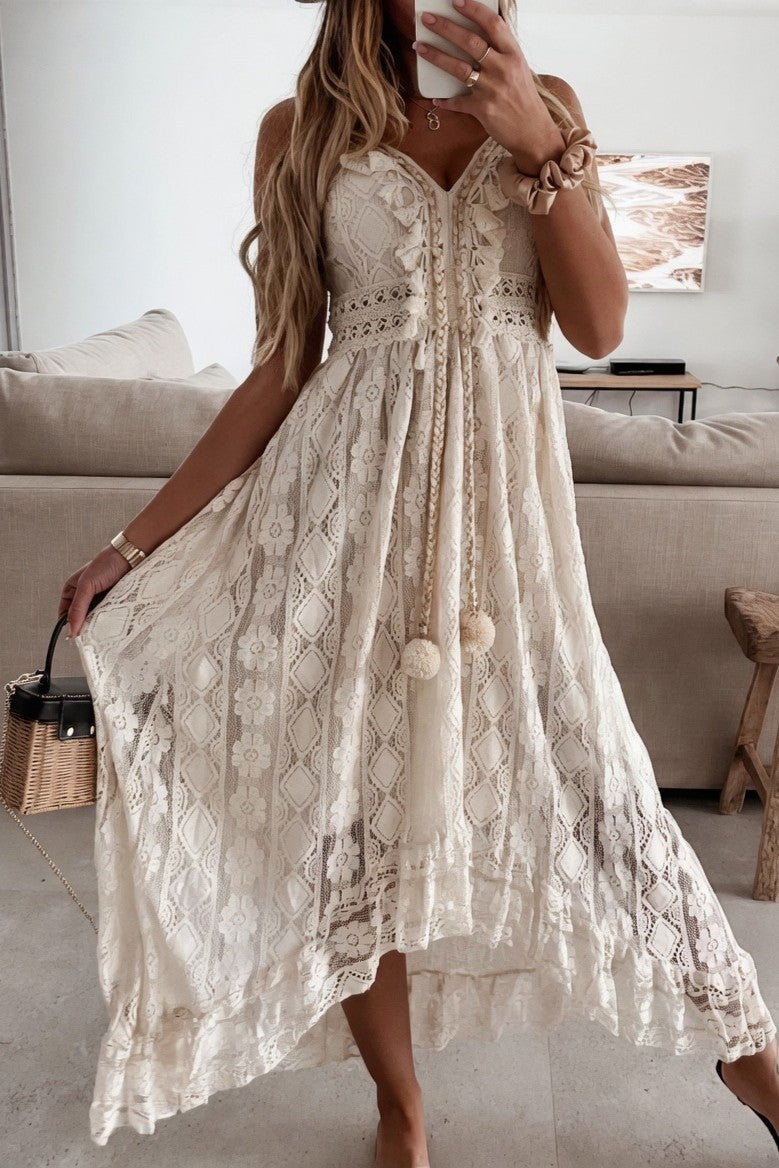 Vestido Ibicenco Boho de Encaje con Escote en V y Detalles Artesanales long boho dress