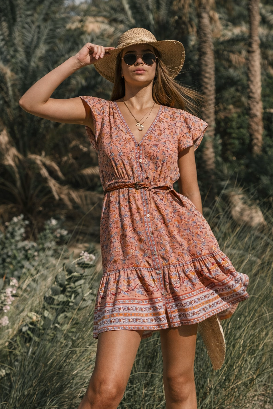 Vestido Ibicenco Floral Boho con Cuello en V short boho dress