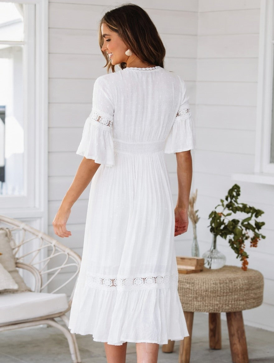 Vestido Ibicenco Largo Blanco Boho con Calado y Cuello en V long white boho dress