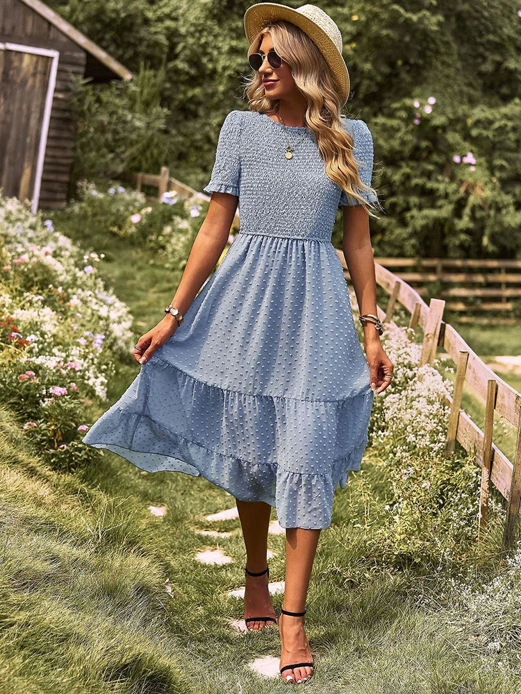 Vestido Ibicenco Midi Boho con Cintura Alta y Volantes midi boho dress