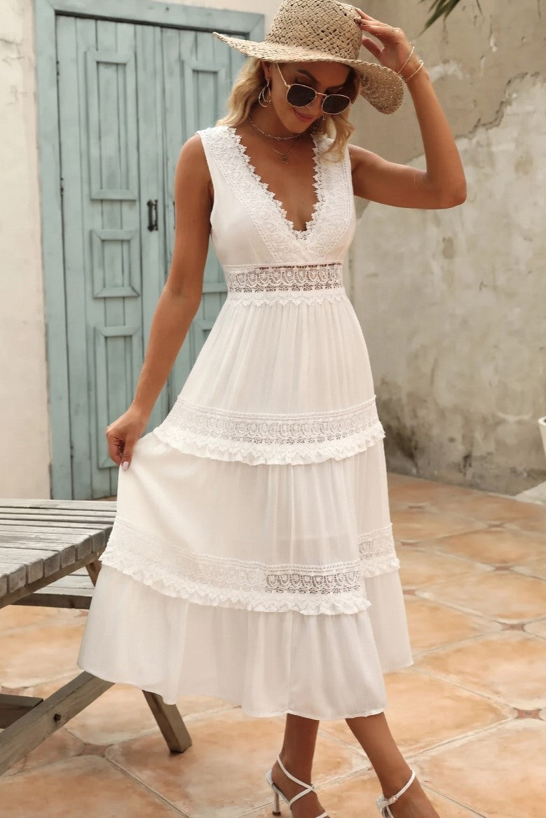 Vestido Ibicenco Midi de Encaje Blanco con Cintura Alta long white boho dress