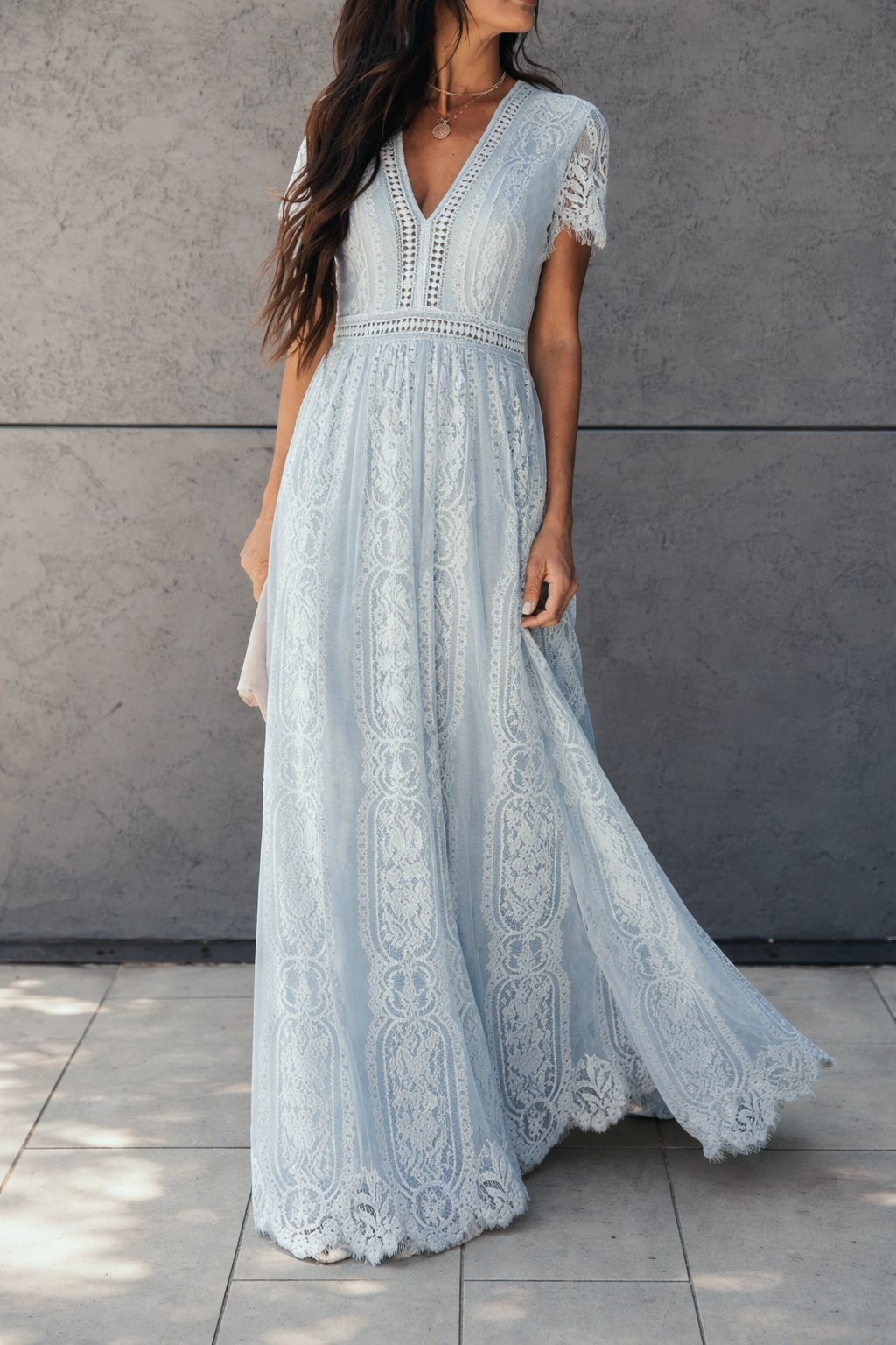 Vestido Ibicenco azul claro de Encaje Floral long light blue boho dress
