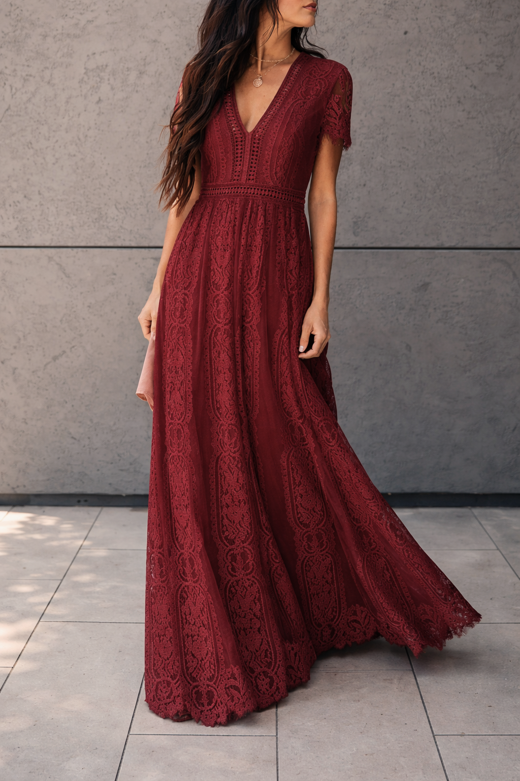 Vestido Ibicenco rojo oscuro de Encaje Floral long dark red boho dress