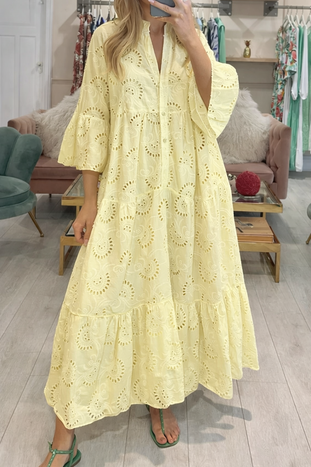 Vestido Ibicenco Maxi Casual Elegante con Cuello V y Mangas Acampanadas yellow long boho dress