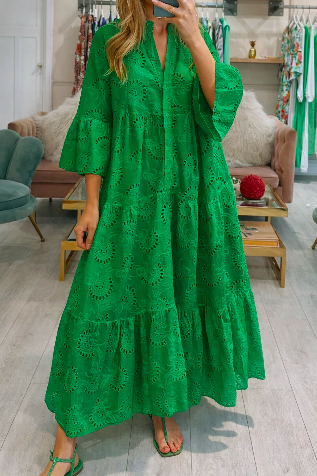 Vestido Ibicenco Maxi Casual Elegante con Cuello V y Mangas Acampanadas green boho dress
